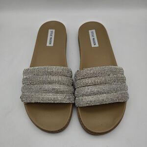 Steve Madden Silver Rhinestone Slide Flat Sandal Womens Size 8.5 Sparkly Glitter